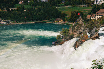 Majestic view of Rhine Falls, the largest waterfall in Europe, located near Schaffhausen in...
