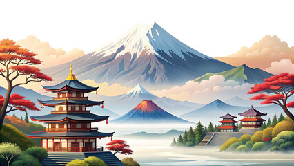 Fototapeta premium japanese landscape with mountains isolated on white background, png, ai generated.