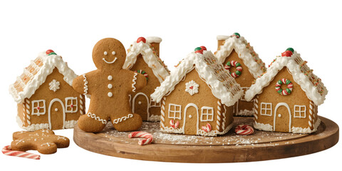 Gingerbread Delight: A charming assortment of festive gingerbread houses and a gingerbread man stand proudly on a wooden platter, evoking the warmth and spirit of the holiday season.