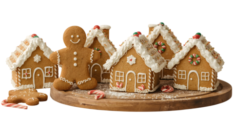 Gingerbread Delight: A charming assortment of festive gingerbread houses and a gingerbread man stand proudly on a wooden platter, evoking the warmth and spirit of the holiday season.