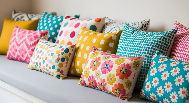 Variety of colorful decorative pillows arranged on the cushioned surface