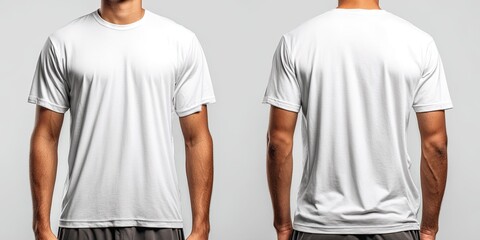 A plain white, short-sleeved t-shirt shown from front and back views on a model against a light gray background