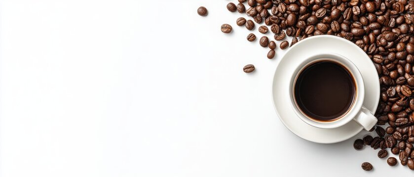 White cup of coffee surrounded by coffee beans (1)