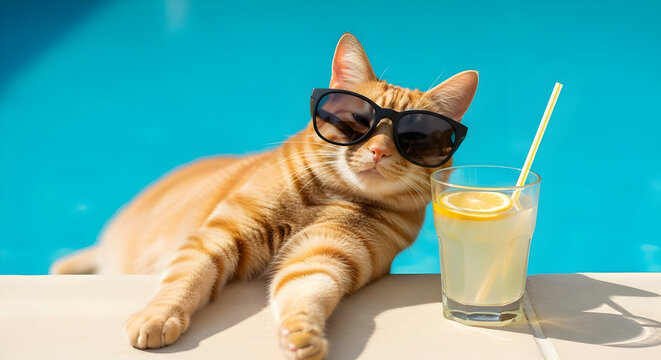 Relaxing feline: A ginger tabby cat enjoying lemonade poolside in sunglasses