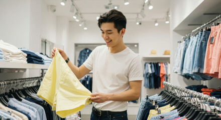 concept of youth summer fashion, shopping, lifestyle. stylish young asian man browsing clothes in modern boutique. retail, sales promotion