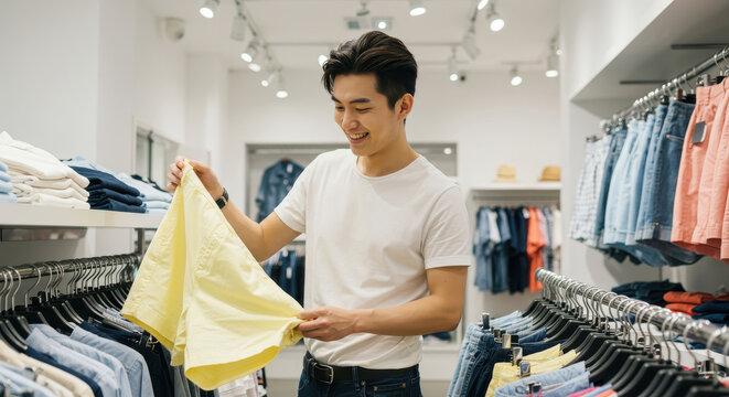 concept of youth summer fashion, shopping, lifestyle. stylish young asian man browsing clothes in modern boutique. retail, sales promotion - Powered by Adobe