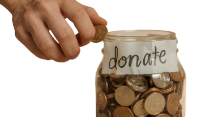 Generosity in Every Penny: A hand delicately drops a coin into a donation jar, symbolizing compassion, generosity, and the power of giving to change the world.