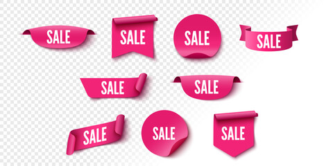 Sale banners. Pink ribbons, tags and stickers. Vector illustration.