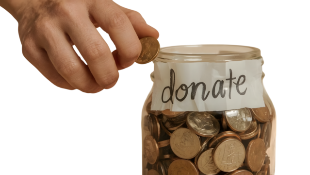 Generosity in Every Penny: A hand delicately drops a coin into a donation jar, symbolizing compassion, generosity, and the power of giving to change the world.