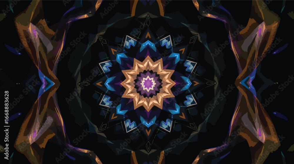 Poster dark abstract mandala with geometric shapes and moody color palette pattern.