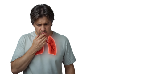 Pulmonary Distress: A man exhibits visible signs of respiratory discomfort, with an artistic depiction of his lungs illuminated.