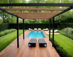 swimming pool in luxury house, Modern black bio climatic pergola with top view on an outdoor patio. Teak wood flooring, a pool, and lounge chairs. green grass and trees in a garden