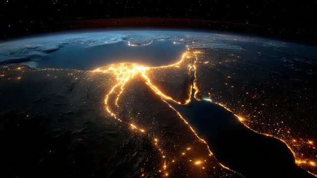 Illuminated view of the Earth at night, showing lights of cities outlining coastlines