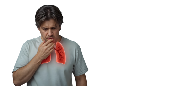 Pulmonary Distress: A man exhibits visible signs of respiratory discomfort, with an artistic depiction of his lungs illuminated.