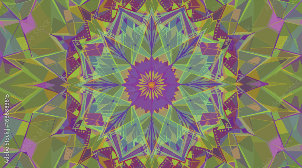 Poster geometric purple and green mandala with angular shapes and subtle shading pattern.