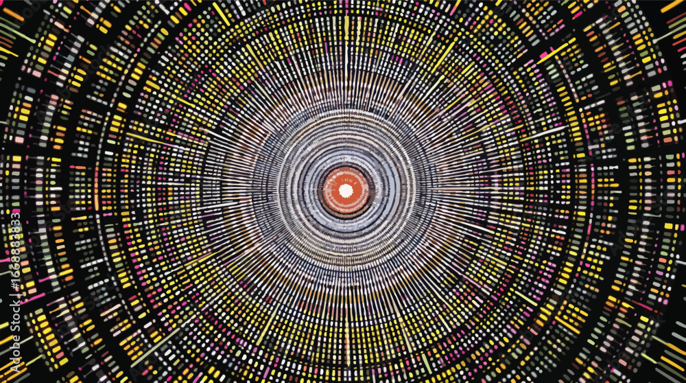 Poster futuristic circular data visualization with glowing lines and dots abstract technology.