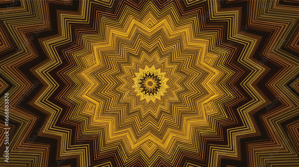 Poster golden starburst pattern with textured lines and radial symmetry geometric.