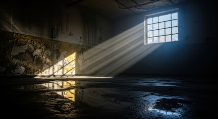 Sunlight streaming through a barred window into a dark abandoned room