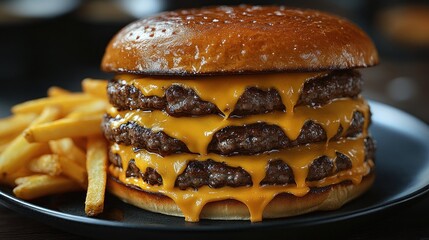 Triple cheeseburger with fries