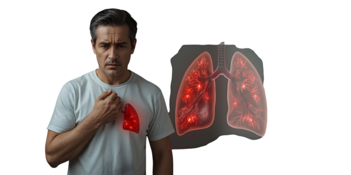 Pulmonary distress concept: A man clutches his chest, a symbolic representation of respiratory distress and lung concerns. Alongside him.