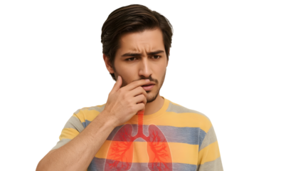 Respiratory Distress: A man is experiencing respiratory problems, his expression is a mixture of confusion and concern, a symbol of a human lung highlights the issue