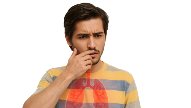 Respiratory Distress: A man is experiencing respiratory problems, his expression is a mixture of confusion and concern, a symbol of a human lung highlights the issue