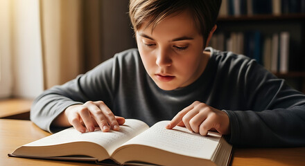 Young boy with down syndrome reads a book using his fingers to feel the braille text