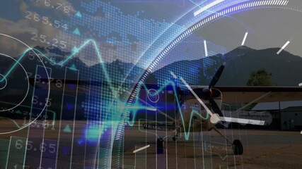 Clock hands rotating initiating digital overlay visualizing financial trends over static airplane - Powered by Adobe