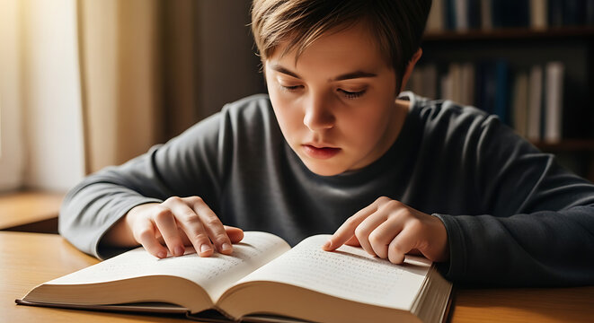 Young boy with down syndrome reads a book using his fingers to feel the braille text