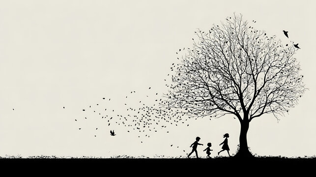A silhouette of a woman and two children walking under a leafless tree, embodying the essence of freedom and togetherness.