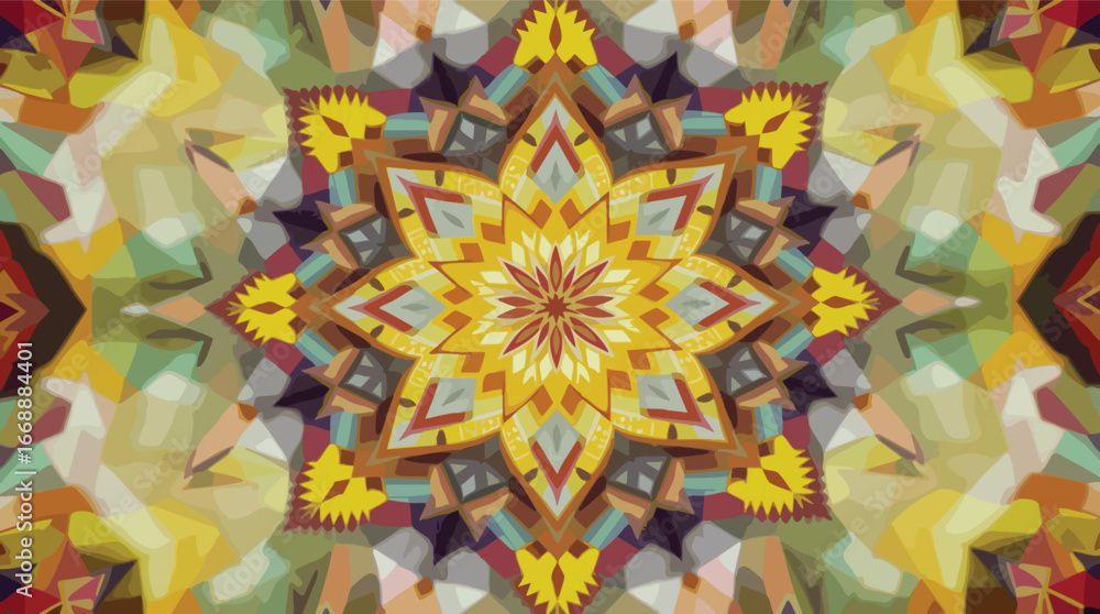 Poster yellow and orange kaleidoscopic star pattern with abstract background kaleidoscope geometric.