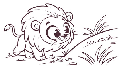 Fototapeta premium Cartoon lion with a fluffy mane walking on a grassy hill ready to be colored in by a child drawing