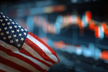 American flag over blurred stock market charts