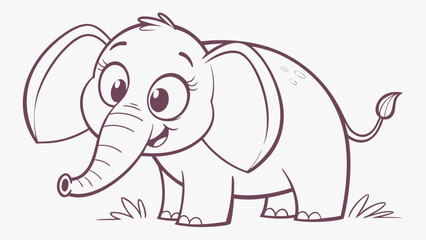 Fototapeta premium Illustration of a cute cartoon elephant with large eyes and ears standing on grass outline style image