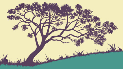 Obraz premium Silhouette of a tree with leaves blowing in the wind on a grassy hill against a light yellow background