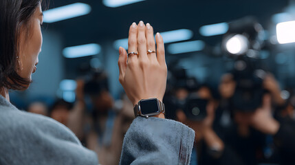 A confident South Asian woman gestures greeting with a smartwatch on her wrist as reporters capture the moment.