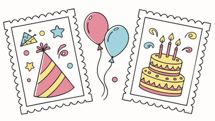 Illustration of birthday themed postage stamps with cake party hat and balloons in cartoon style