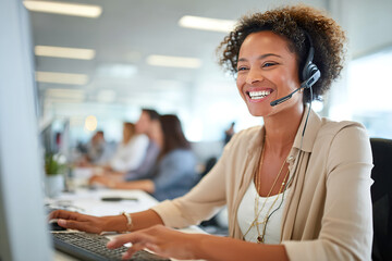 Customer service representative assisting clients in a busy office environment during the day