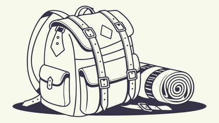 Illustration of a camping backpack with straps and a rolled sleeping mat on the ground shown in line art