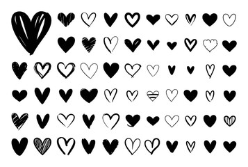 Collection of Hand-Drawn Black Hearts on a White Background