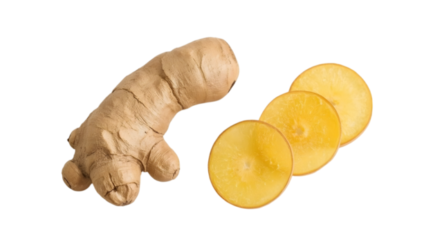 Ginger Root and Slices: A fresh ginger root alongside a few neatly sliced pieces, artfully arranged in a studio setting, illustrating the root's culinary versatility.