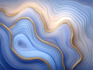 Elegant geode-inspired abstract with layered blue, white, and beige tones accented by gold edges, creating a luxurious, flowing, and textured visual effect