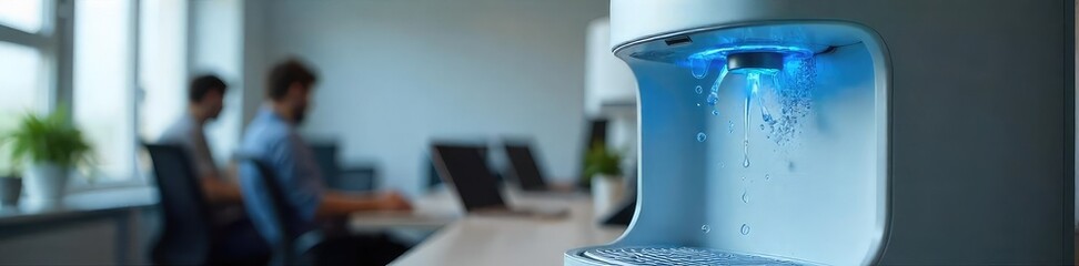 Sleek Modern Office Water Cooler Dispensing Refreshing Chilled Water Perfect for Hydration and Workplace Refreshment in a Modern Office Break Room