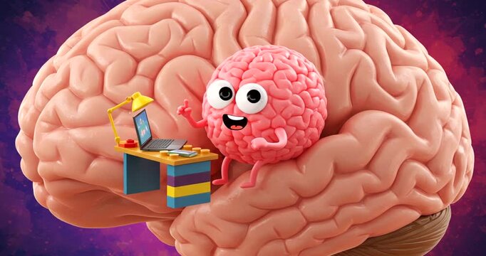 Cartoon brain character working on a laptop at desk