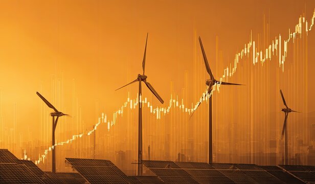 Silhouetted wind turbines and solar panels rise against a fiery orange sunset backdrop, overlaid with an upward trending graph, symbolizing growth in renewable energy