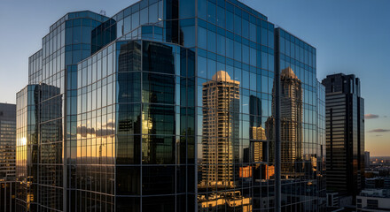 Dynamic Glass Skyscraper Facade Reflecting Golden Sunset and Urban Architecture at Dusk
