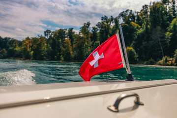 Majestic view of Rhine Falls, the largest waterfall in Europe, located near Schaffhausen in...