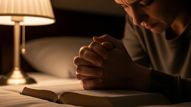 Woman Praying Over an Open Bible on Bed with Lamp Light Showing Faith and Hope in a Quiet and Spiritual Moment of Reflection