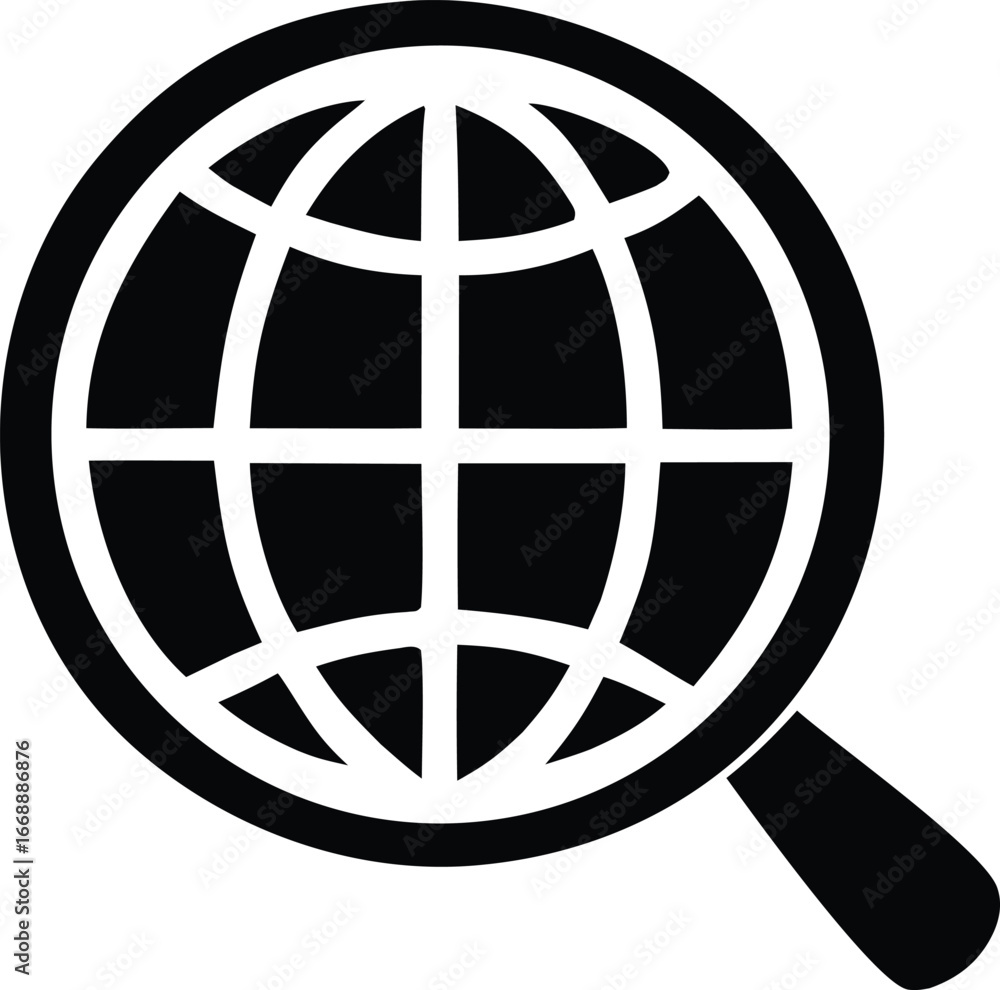 Poster global search icon magnifying glass symbolizing internet browsing data exploration and worldwide inf