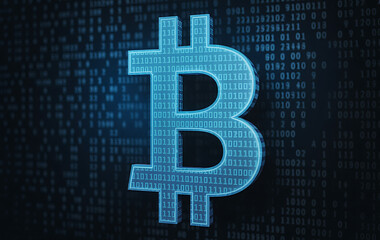 Glowing blue bitcoin symbol illuminated against a dark background with binary code